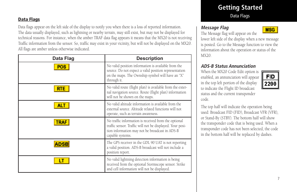 Message flag, Ads-b status annunciation, Message flag ads-b status annunciation | Getting started | Garmin MX20 User Manual | Page 19 / 152