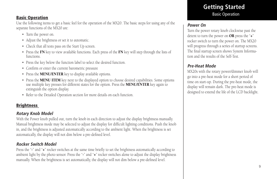Basic operation, Brightness, Rotary knob model | Rocker switch model, Power on, Pre-heat mode, Basic operation brightness, Getting started | Garmin MX20 User Manual | Page 21 / 152