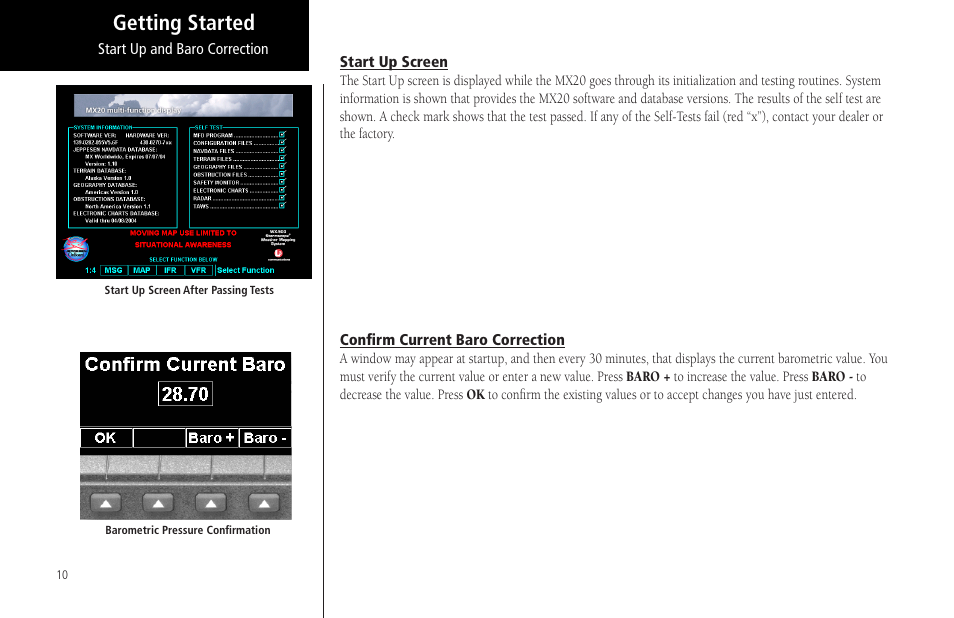 Start up screen, Confirm current baro correction, Start up screen confirm current baro correction | Getting started | Garmin MX20 User Manual | Page 22 / 152