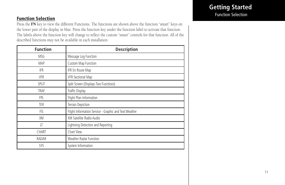 Function selection, Getting started | Garmin MX20 User Manual | Page 23 / 152
