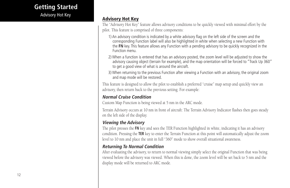 Advisory hot key, Normal cruise condition, Viewing the advisory | Returning to normal condition, Getting started | Garmin MX20 User Manual | Page 24 / 152