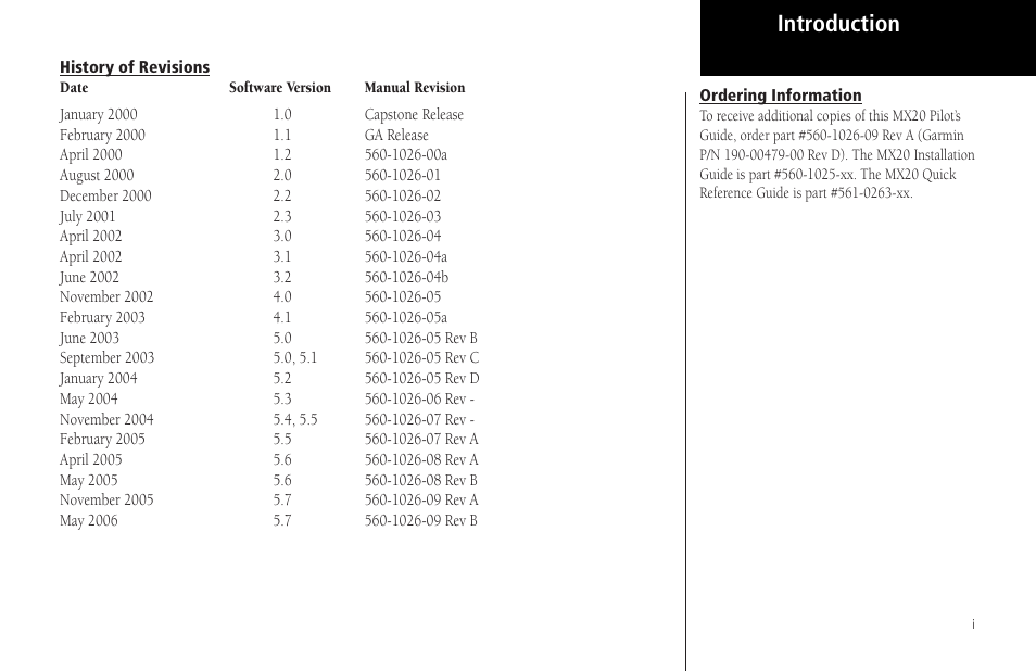 History of revisions, Introduction, Ordering information | Garmin MX20 User Manual | Page 3 / 152