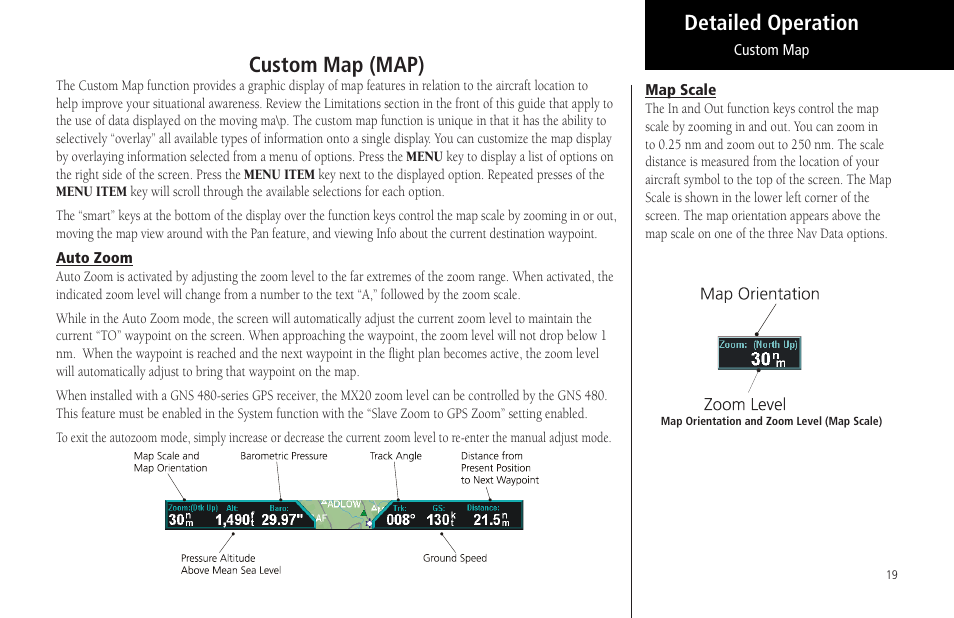 Custom map (map), Auto zoom, Map scale | Auto zoom map scale, Detailed operation | Garmin MX20 User Manual | Page 31 / 152