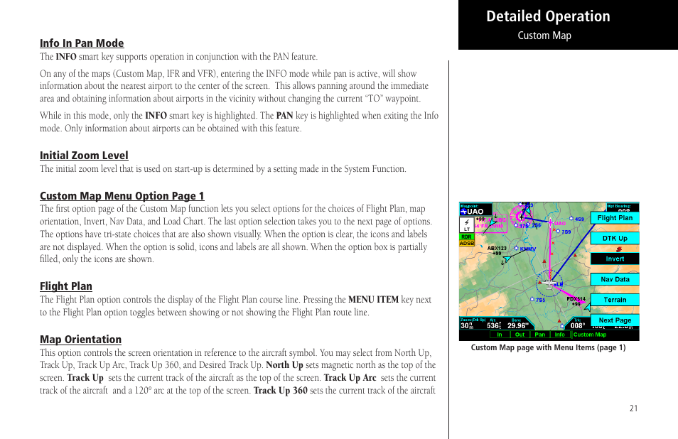 Info in pan mode, Initial zoom level, Flight plan | Map orientation, Flight plan map orientation, Detailed operation | Garmin MX20 User Manual | Page 33 / 152