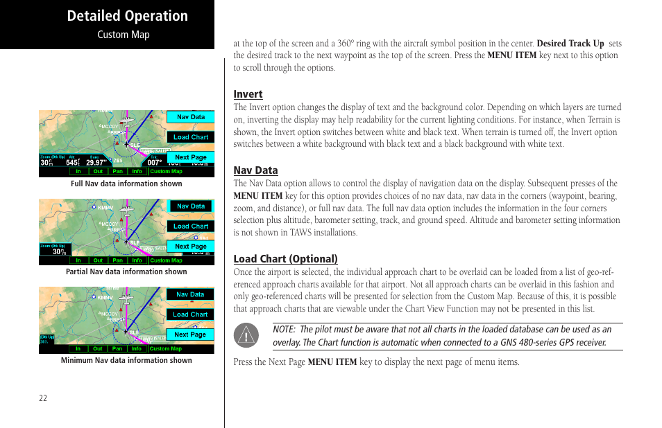 Invert, Nav data, Load chart (optional) | Invert nav data load chart (optional), Detailed operation | Garmin MX20 User Manual | Page 34 / 152