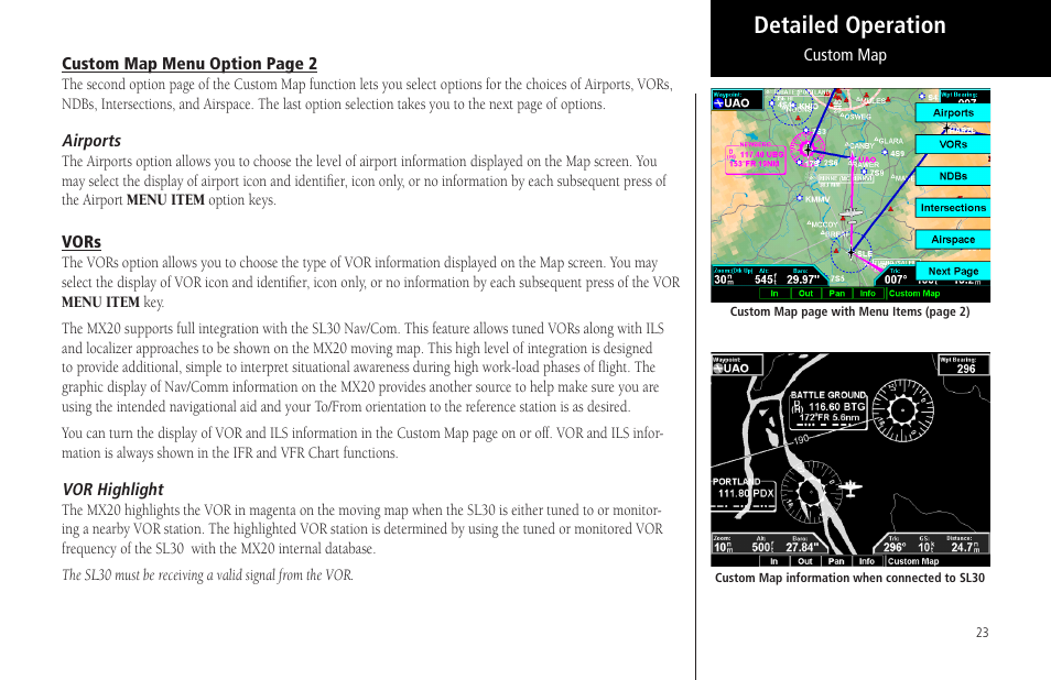 Airports, Vors, Vor highlight | Detailed operation | Garmin MX20 User Manual | Page 35 / 152