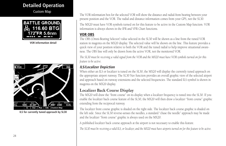 Vor obs, Ils/localizer depiction, Detailed operation | Localizer back course display | Garmin MX20 User Manual | Page 36 / 152