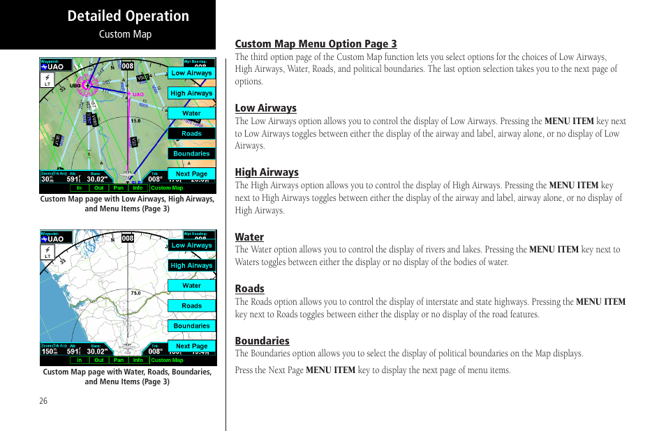 Low airways, High airways, Water | Roads, Boundaries, Detailed operation | Garmin MX20 User Manual | Page 38 / 152
