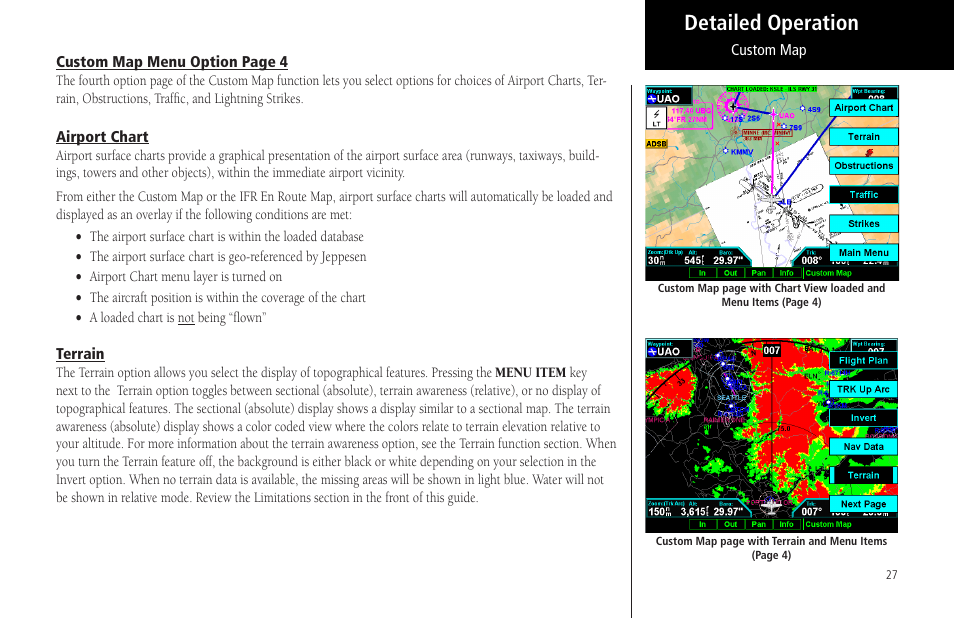 Airport chart, Terrain, Detailed operation | Garmin MX20 User Manual | Page 39 / 152