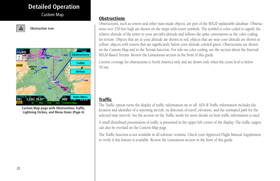 Obstructions, Traffic, Obstructions traffic | Detailed operation | Garmin MX20 User Manual | Page 40 / 152