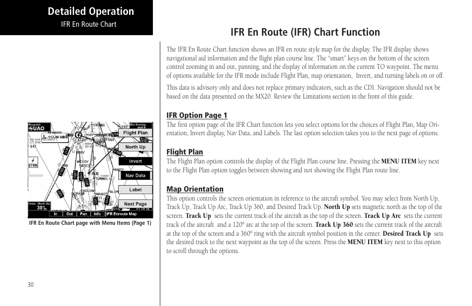 Ifr en route (ifr) chart function, Flight plan, Map orientation | Flight plan map orientation | Garmin MX20 User Manual | Page 42 / 152