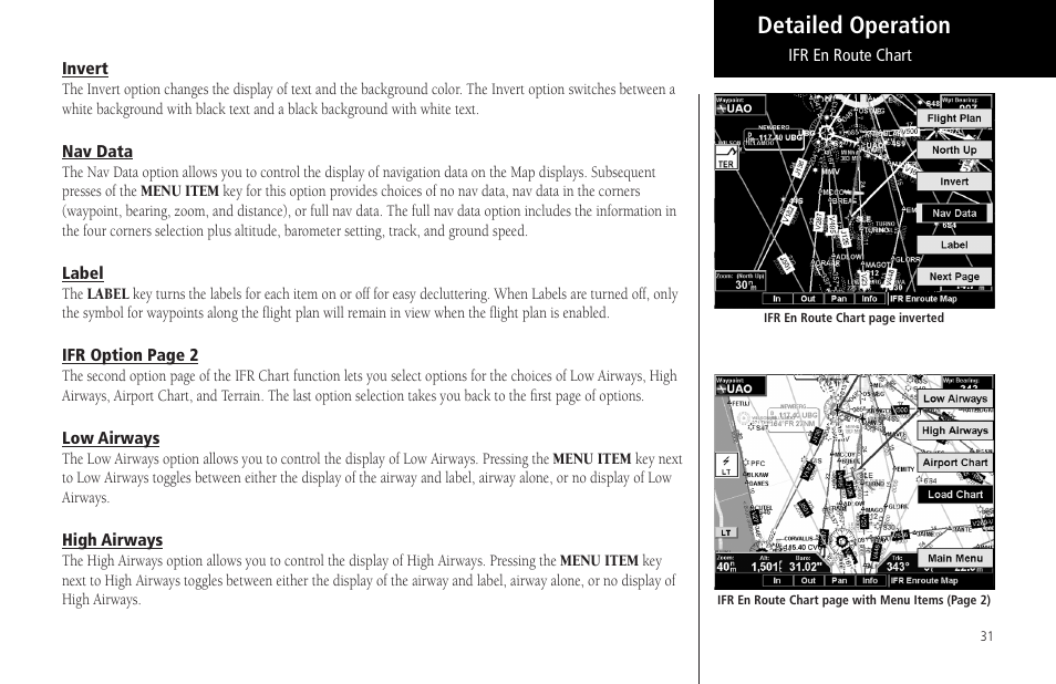 Invert, Nav data, Label | Low airways, High airways, Detailed operation | Garmin MX20 User Manual | Page 43 / 152