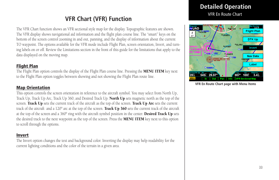 Vfr chart (vfr) function, Flight plan, Map orientation | Invert, Flight plan map orientation invert, Detailed operation vfr chart (vfr) function | Garmin MX20 User Manual | Page 45 / 152