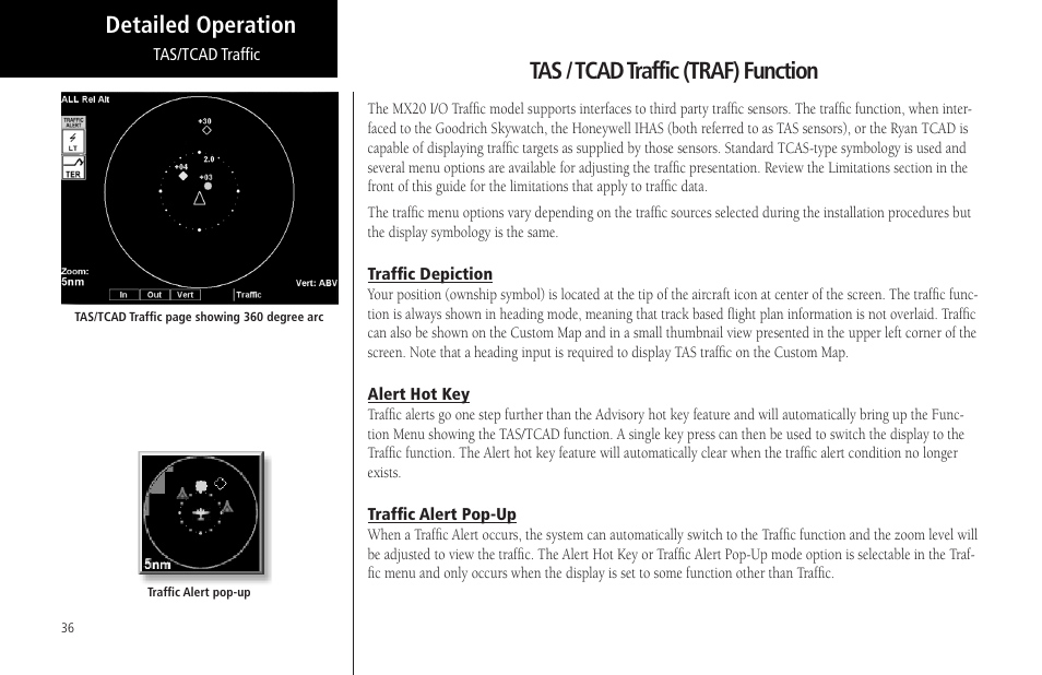 Tas / tcad traffic (traf) function, Traffic depiction, Alert hot key | Traffic alert pop-up | Garmin MX20 User Manual | Page 48 / 152