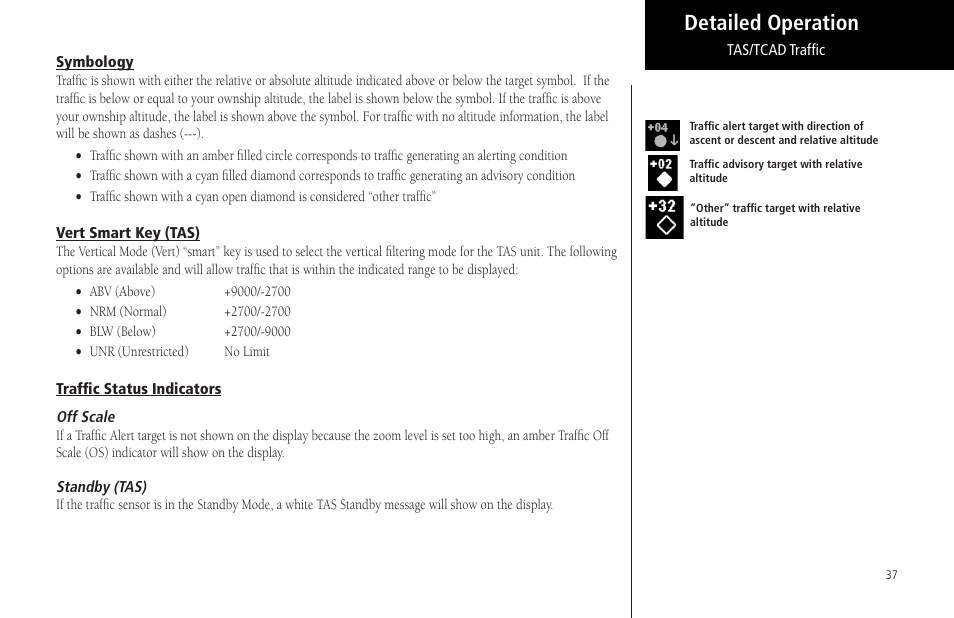Symbology, Vert smart key (tas), Traffic status indicators | Off scale, Standby (tas), Off scale standby (tas), Detailed operation | Garmin MX20 User Manual | Page 49 / 152