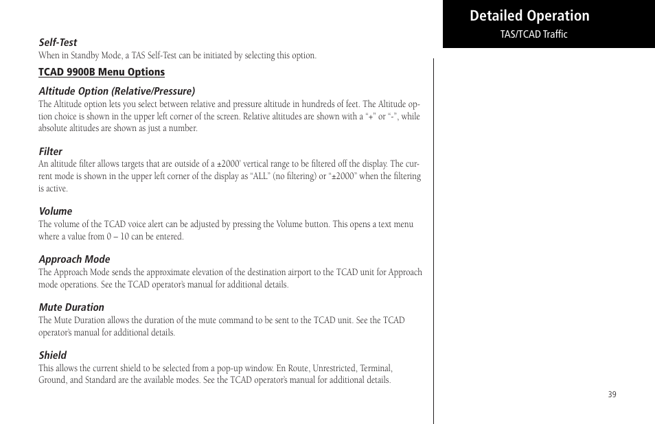 Self-test, Tcad 9900b menu options, Altitude option (relative/pressure) | Filter, Volume, Approach mode, Mute duration, Shield, Detailed operation | Garmin MX20 User Manual | Page 51 / 152