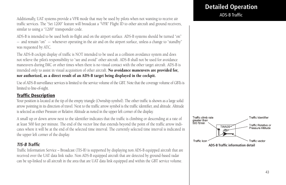 Traffic description, Tis-b traffic, Detailed operation | Garmin MX20 User Manual | Page 55 / 152