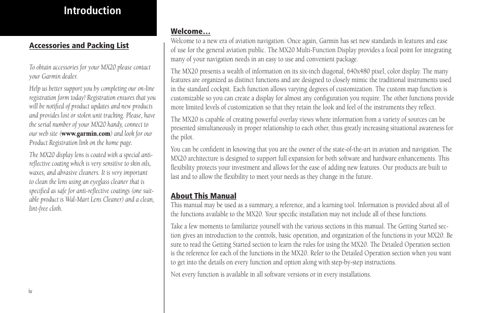 Accessories and packing list, Welcome, About this manual | Introduction | Garmin MX20 User Manual | Page 6 / 152