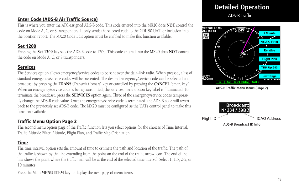 Enter code (ads-b air traffic source), Set 1200, Services | Time, Detailed operation | Garmin MX20 User Manual | Page 61 / 152