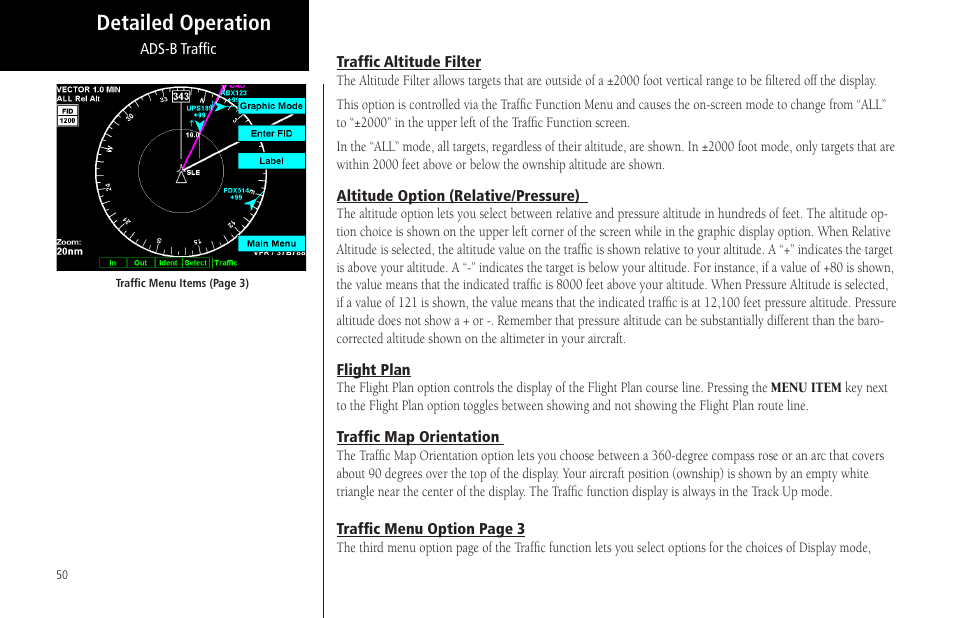 Traffic altitude filter, Altitude option (relative/pressure), Flight plan | Traffic map orientation, Detailed operation | Garmin MX20 User Manual | Page 62 / 152