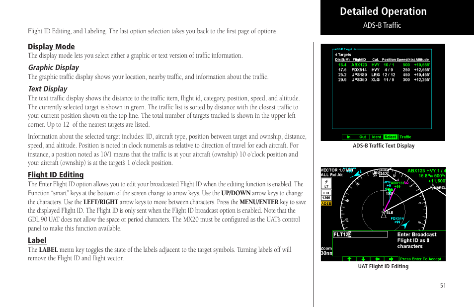 Display mode, Graphic display, Text display | Flight id editing, Label, Graphic display text display, Flight id editing label, Detailed operation | Garmin MX20 User Manual | Page 63 / 152