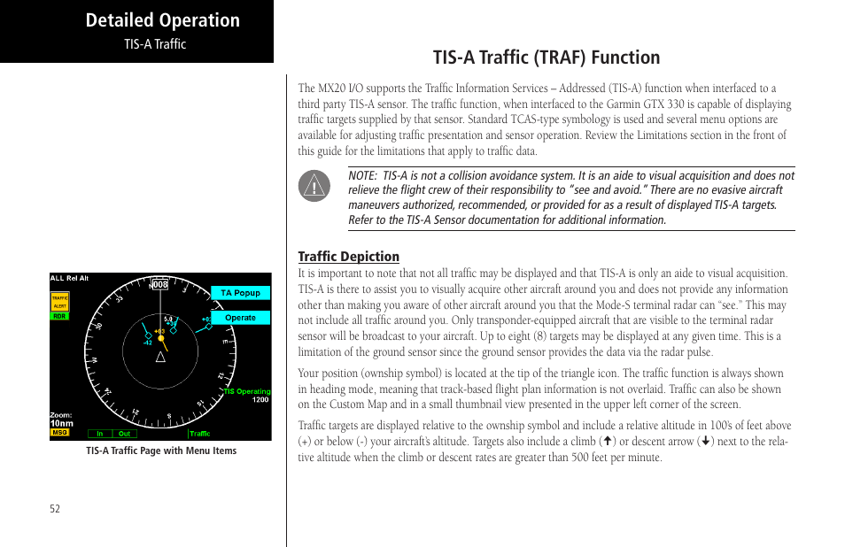 Tis-a traffic (traf) function, Traffic depiction, Detailed operation tis-a traffic (traf) function | Garmin MX20 User Manual | Page 64 / 152