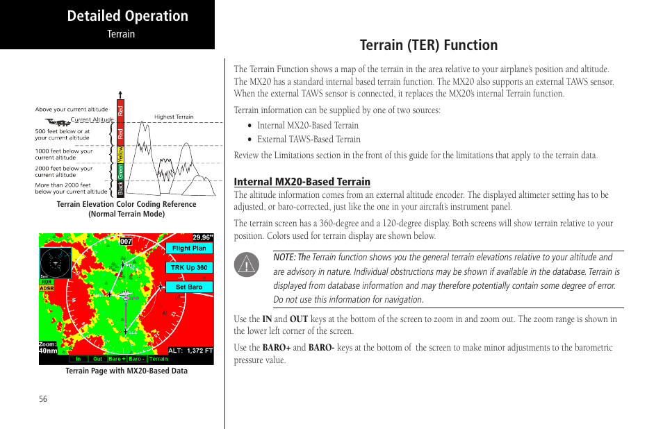 Terrain (ter) function, Internal mx20-based terrain, Detailed operation terrain (ter) function | Garmin MX20 User Manual | Page 68 / 152