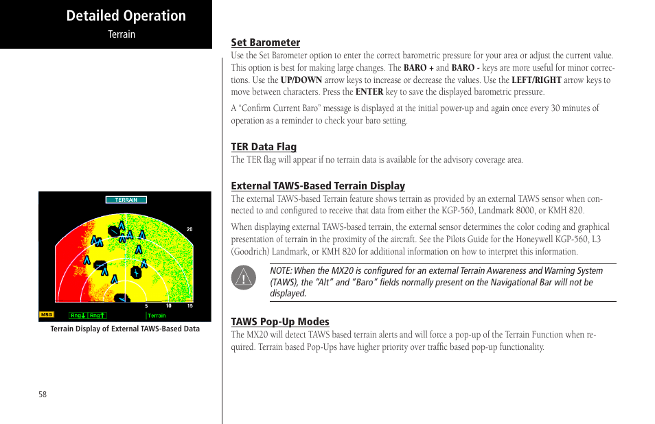 Set barometer, Ter data flag, External taws-based terrain display | Taws pop-up modes, Detailed operation | Garmin MX20 User Manual | Page 70 / 152