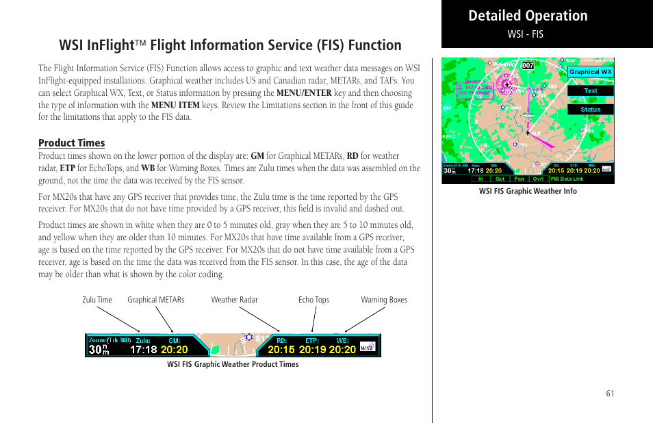 Product times, Wsi inflight, Flight information service (fis) func | Tion | Garmin MX20 User Manual | Page 73 / 152