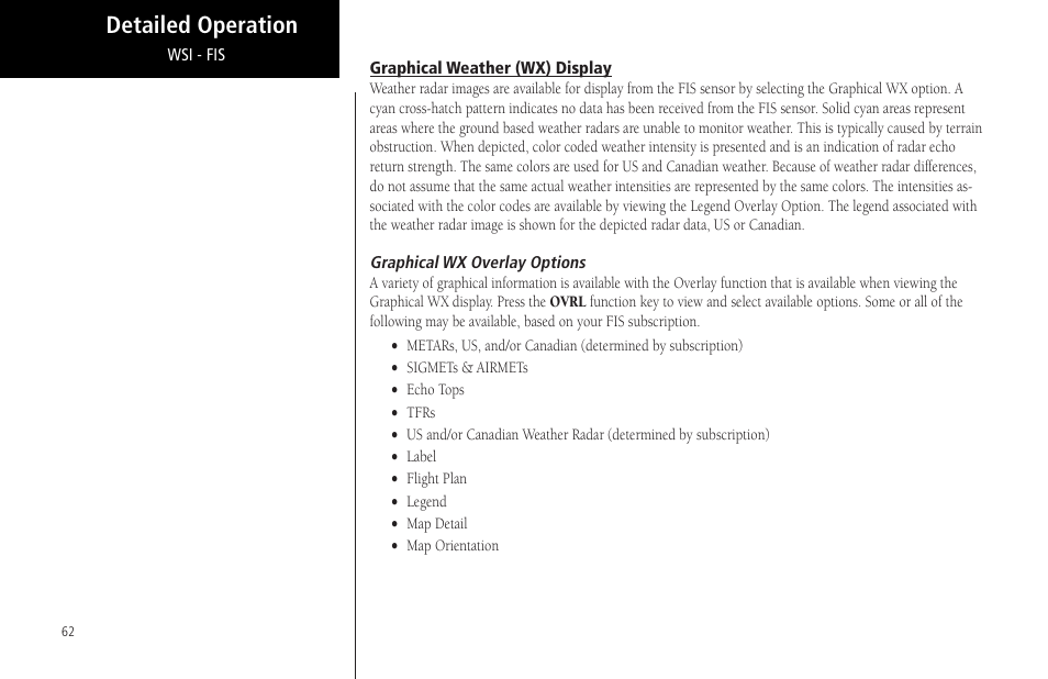 Graphical weather (wx) display, Graphical wx overlay options, Detailed operation | Garmin MX20 User Manual | Page 74 / 152