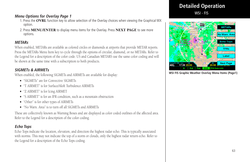 Metars, Sigmets & airmets, Echo tops | Detailed operation | Garmin MX20 User Manual | Page 75 / 152