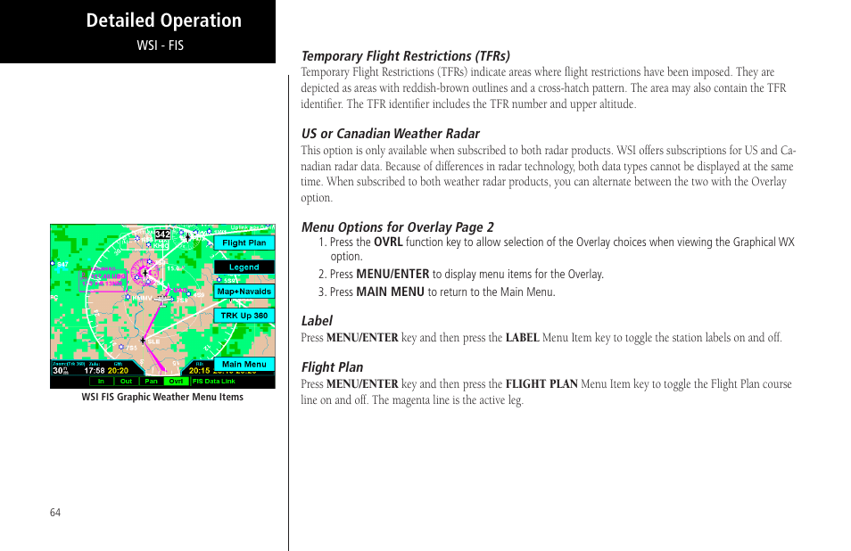 Temporary flight restrictions (tfrs), Us or canadian weather radar, Label | Flight plan, Detailed operation | Garmin MX20 User Manual | Page 76 / 152