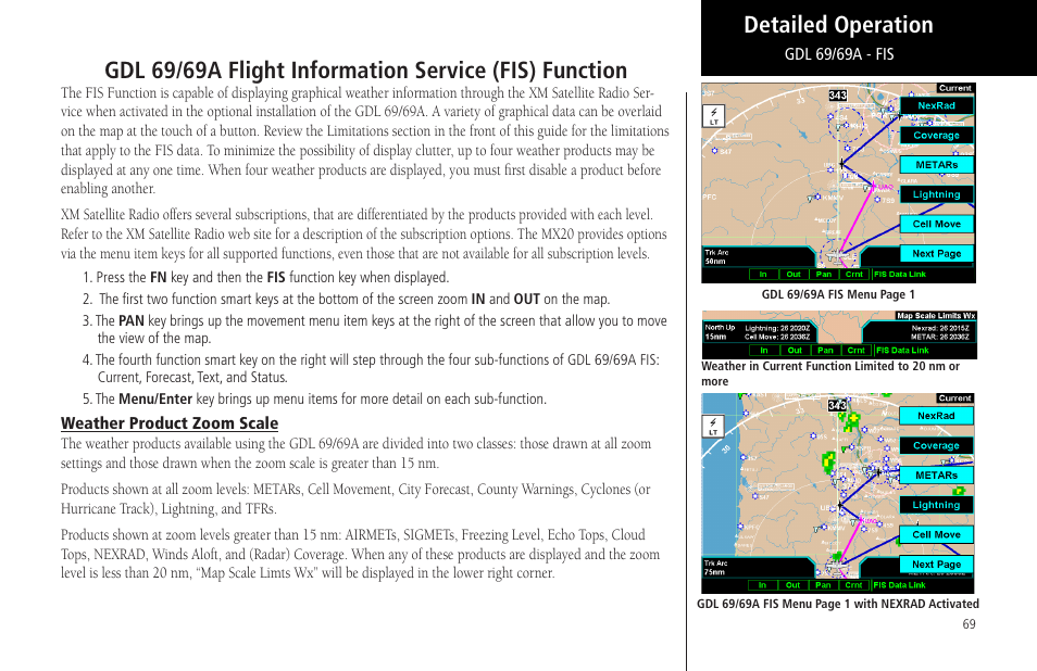 Weather product zoom scale, Gdl 69/69a flight information service (fis) func, Tion | Garmin MX20 User Manual | Page 81 / 152