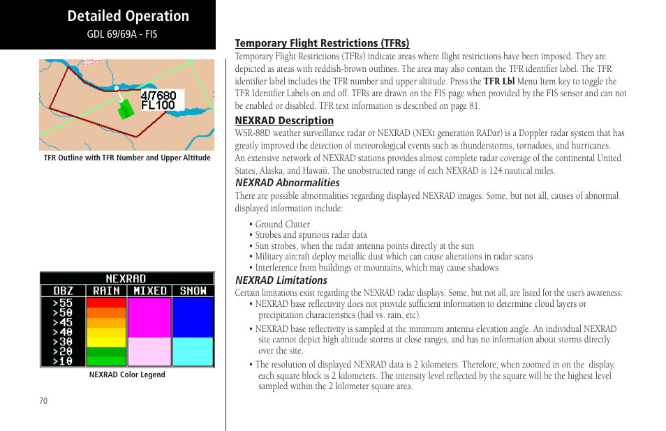 Temporary flight restrictions (tfrs), Nexrad description, Nexrad abnormalities | Nexrad limitations, Nexrad abnormalities nexrad limitations, Detailed operation | Garmin MX20 User Manual | Page 82 / 152