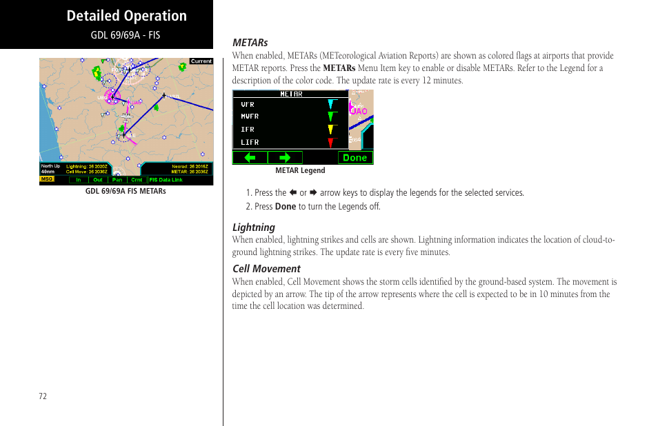 Metars, Lightning, Cell movement | Metars lightning cell movement, Detailed operation | Garmin MX20 User Manual | Page 84 / 152