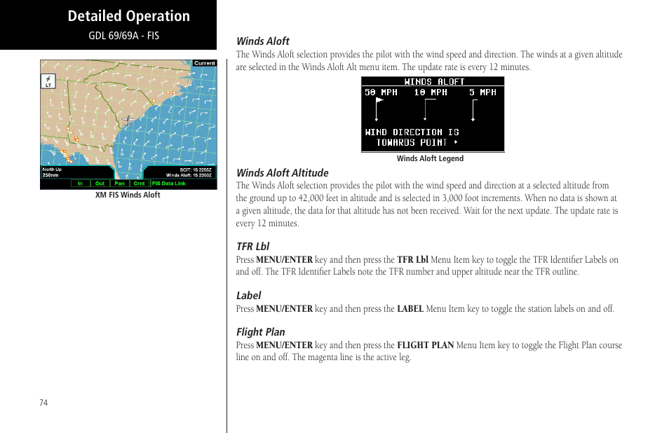 Winds aloft, Winds aloft altitude, Tfr lbl | Label, Flight plan, Detailed operation | Garmin MX20 User Manual | Page 86 / 152