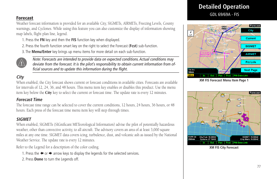 Forecast, City, Forecast time | Sigmet, City forecast time sigmet, Detailed operation | Garmin MX20 User Manual | Page 89 / 152