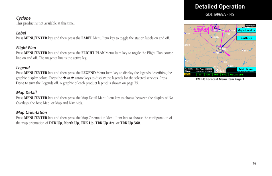 Cyclone, Label, Flight plan | Legend, Map detail, Map orientation, Detailed operation | Garmin MX20 User Manual | Page 91 / 152