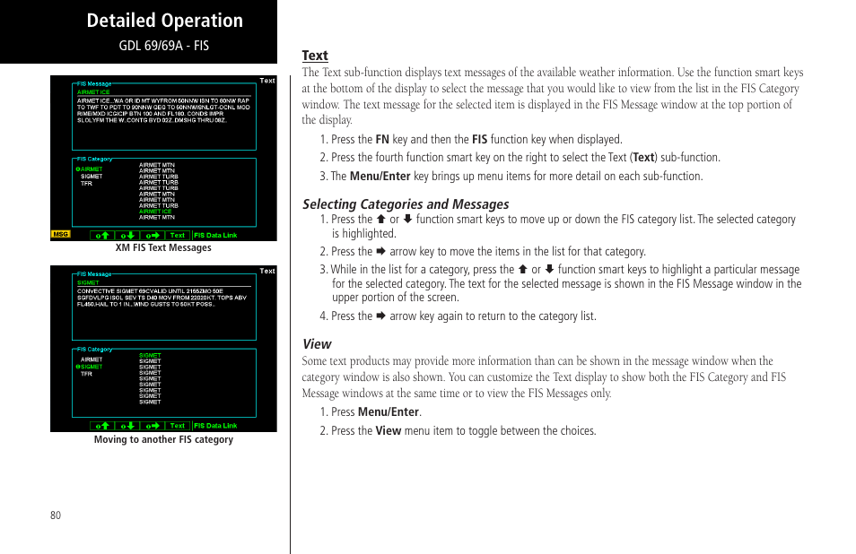 Text, Selecting categories and messages, View | Selecting categories and messages view, Detailed operation | Garmin MX20 User Manual | Page 92 / 152