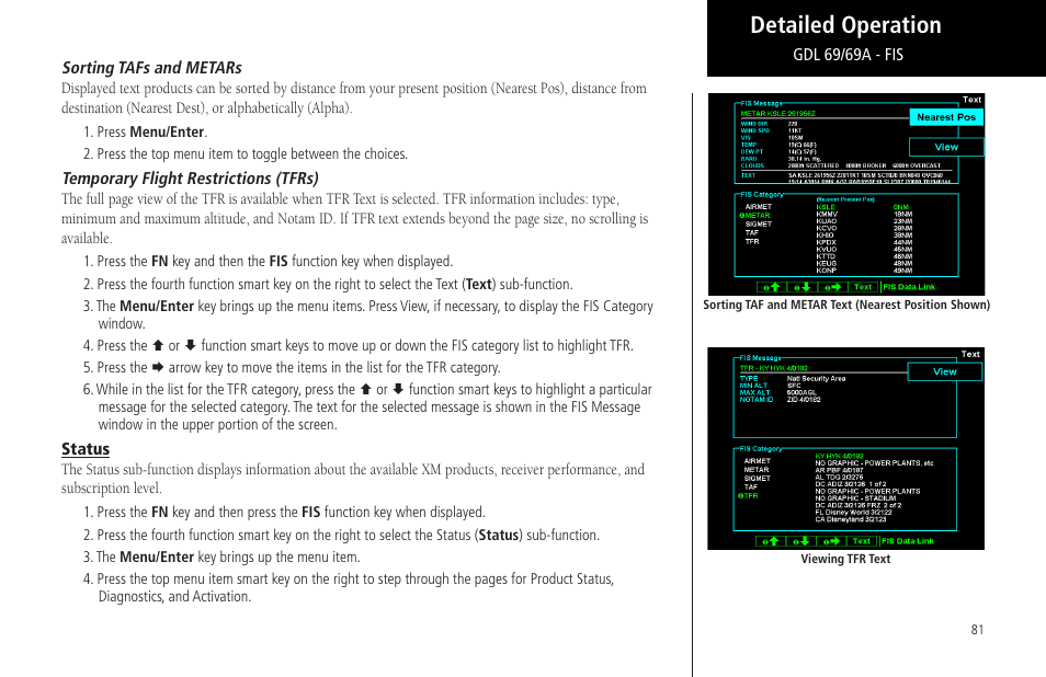 Sorting tafs and metars, Temporary flight restrictions (tfrs), Status | Detailed operation | Garmin MX20 User Manual | Page 93 / 152