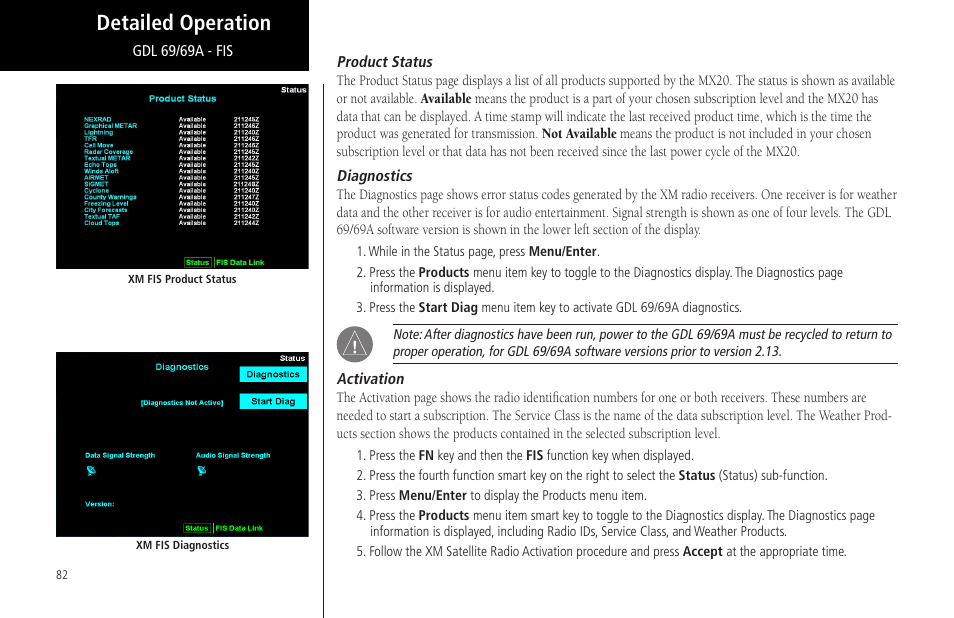 Product status, Diagnostics, Activation | Product status diagnostics activation, Detailed operation | Garmin MX20 User Manual | Page 94 / 152