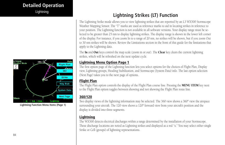 Lightning strikes (lt) function, Flight plan, Lightning | Detailed operation lightning strikes (lt) function | Garmin MX20 User Manual | Page 96 / 152