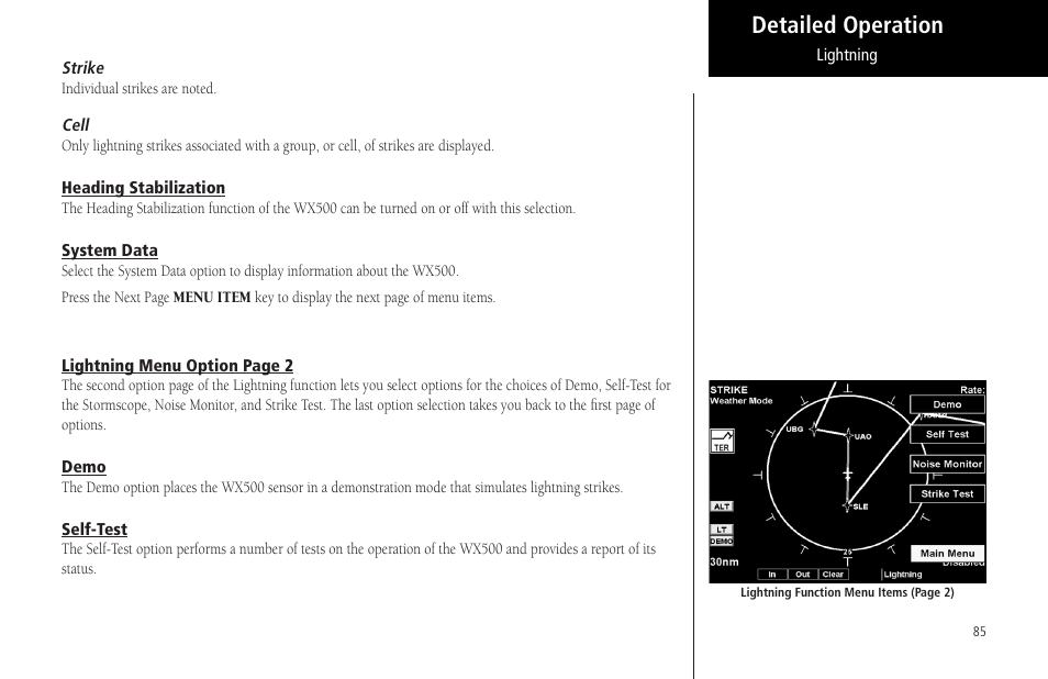 Strike, Cell, Heading stabilization | System data, Demo, Self-test, Strike cell, Detailed operation | Garmin MX20 User Manual | Page 97 / 152
