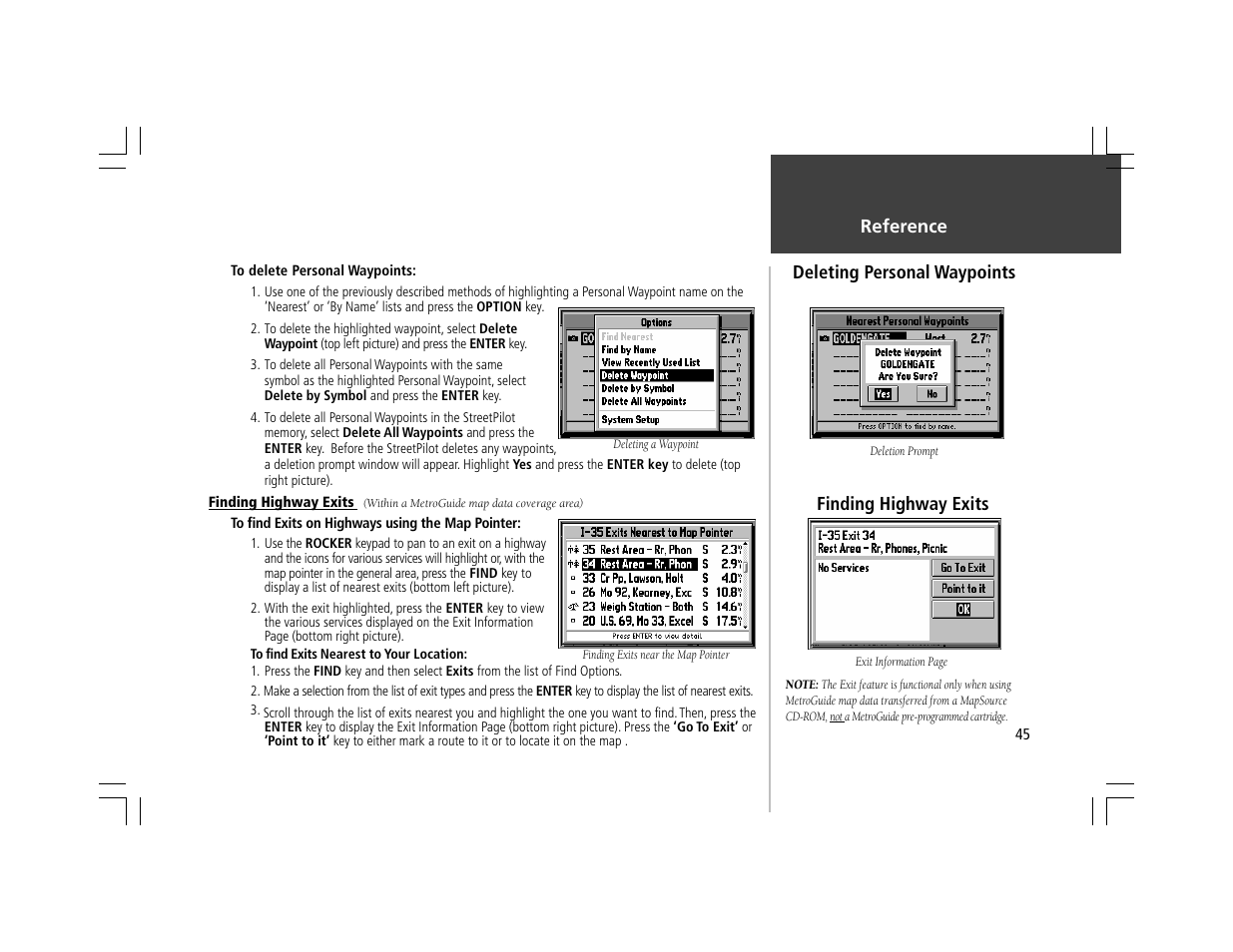 Reference, Deleting personal waypoints, Finding highway exits | Garmin StreetPilot User Manual | Page 55 / 88