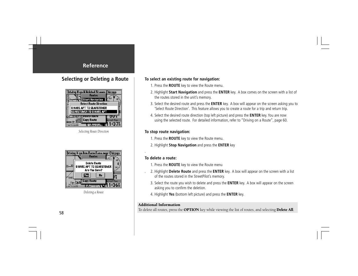 Reference selecting or deleting a route | Garmin StreetPilot User Manual | Page 68 / 88