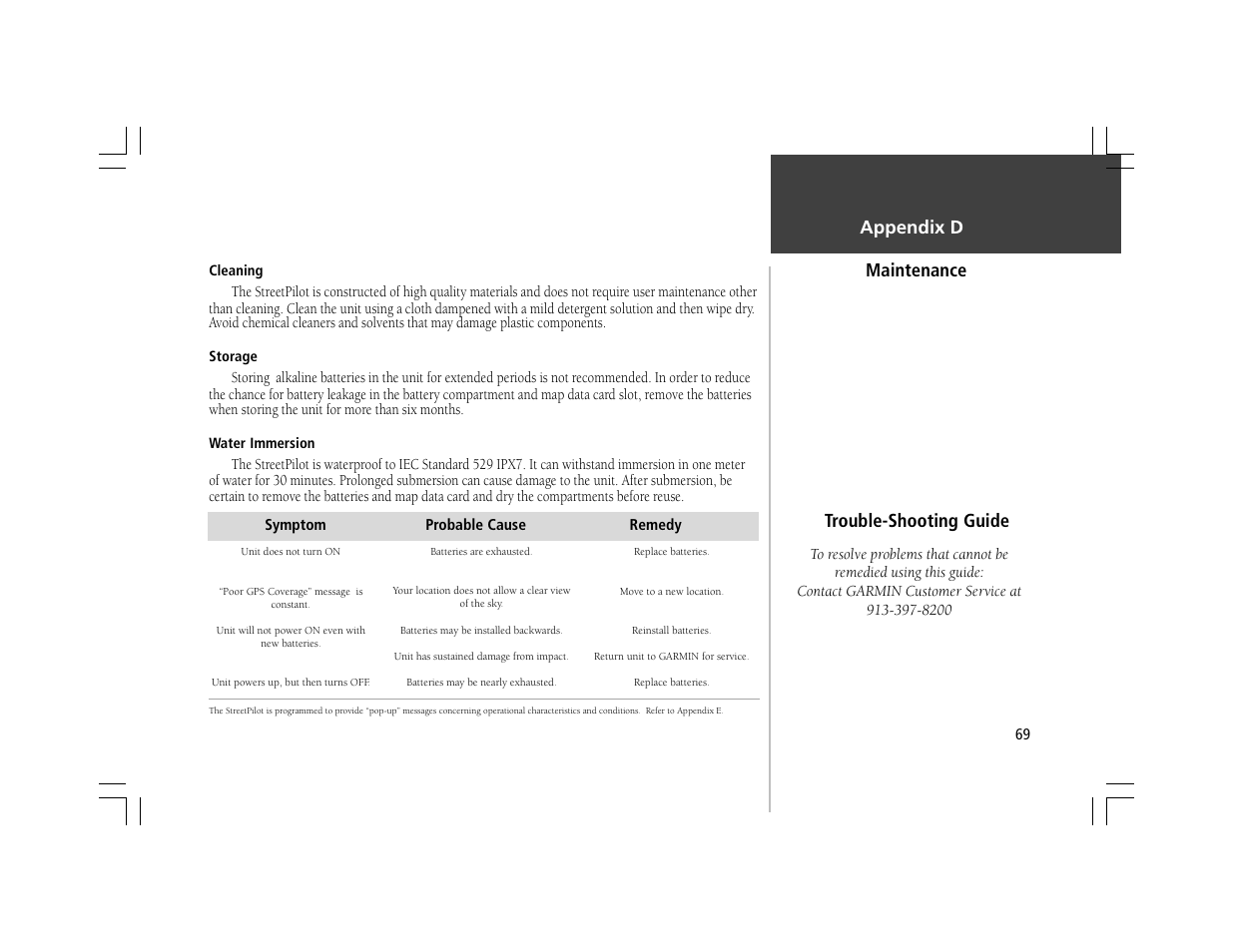 Maintenance, Trouble-shooting guide, Appendix d | Garmin StreetPilot User Manual | Page 79 / 88