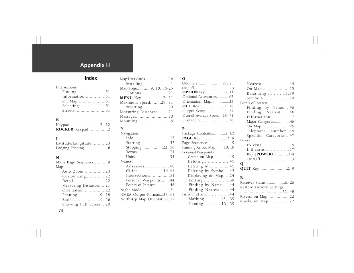 Appendix h, Index | Garmin StreetPilot User Manual | Page 84 / 88