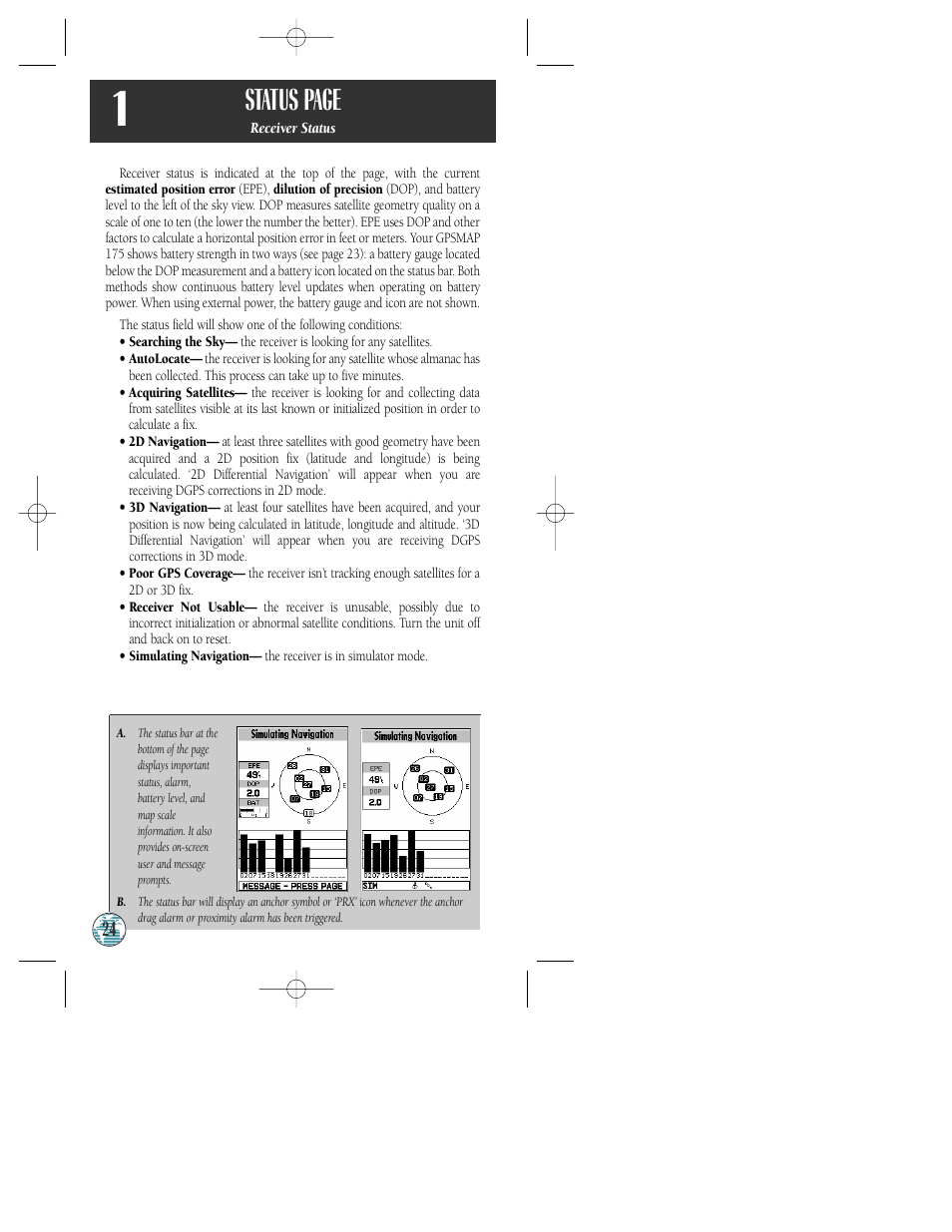 Status page | Garmin GPSMAP 175 User Manual | Page 28 / 100