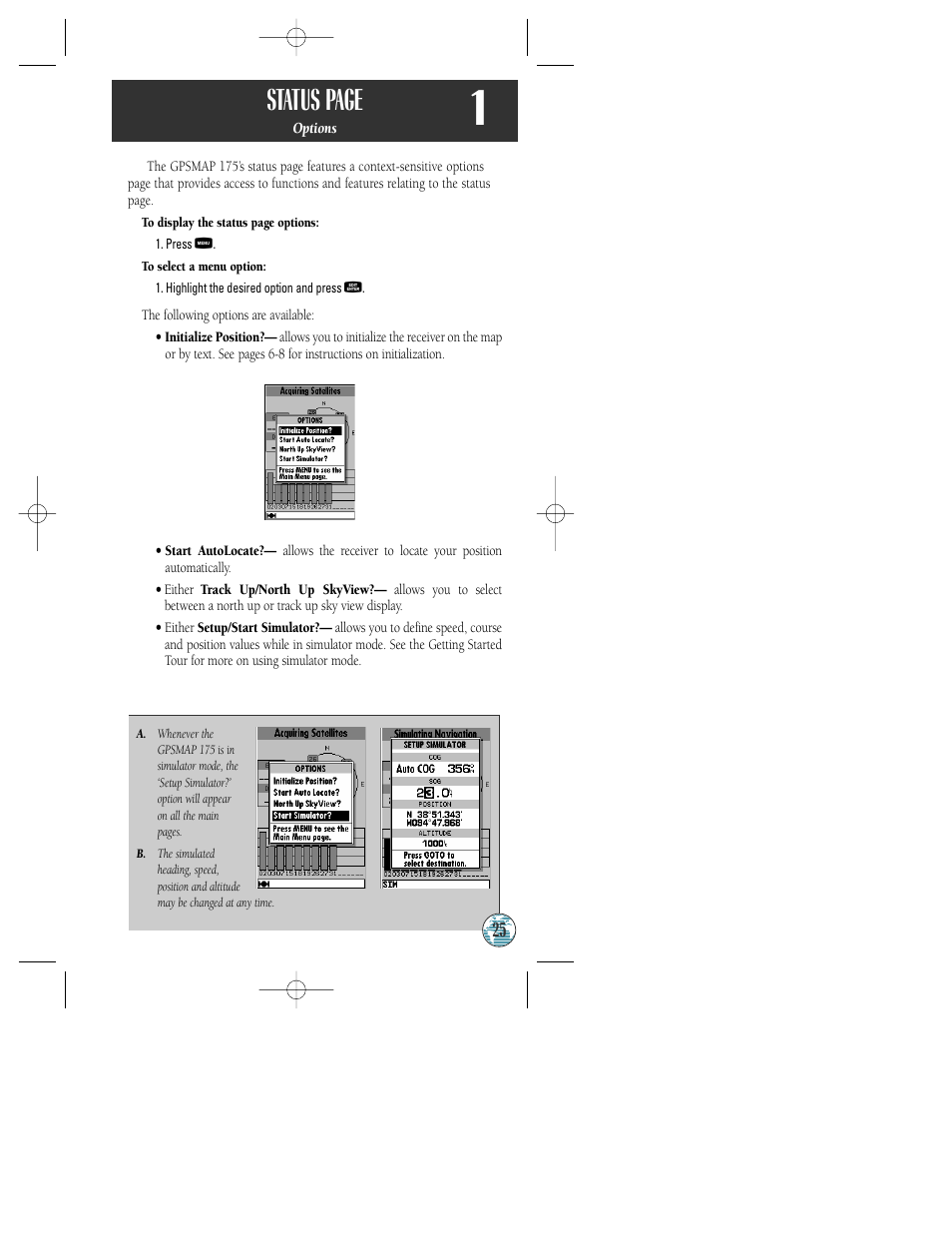 Status page | Garmin GPSMAP 175 User Manual | Page 29 / 100