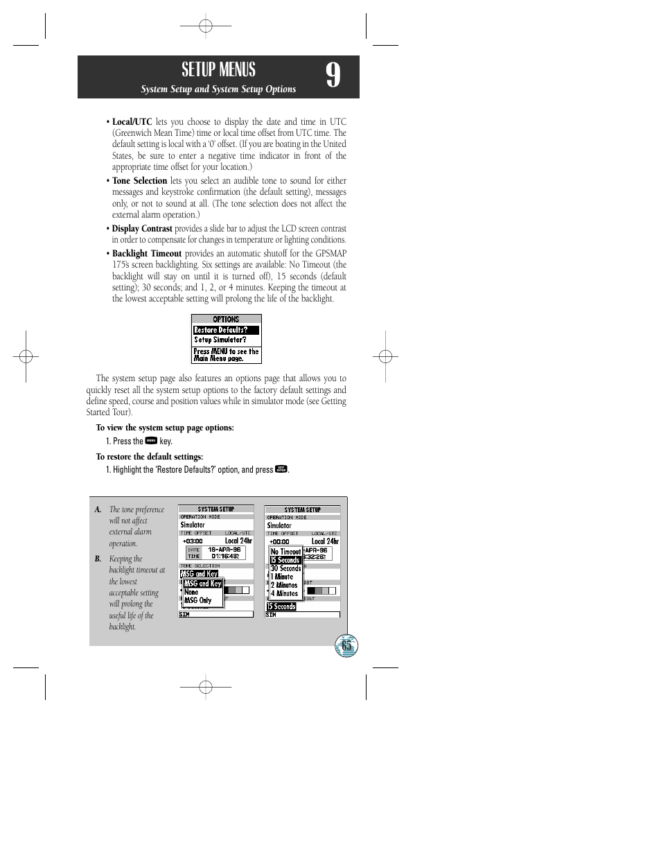 Setup menus | Garmin GPSMAP 175 User Manual | Page 69 / 100